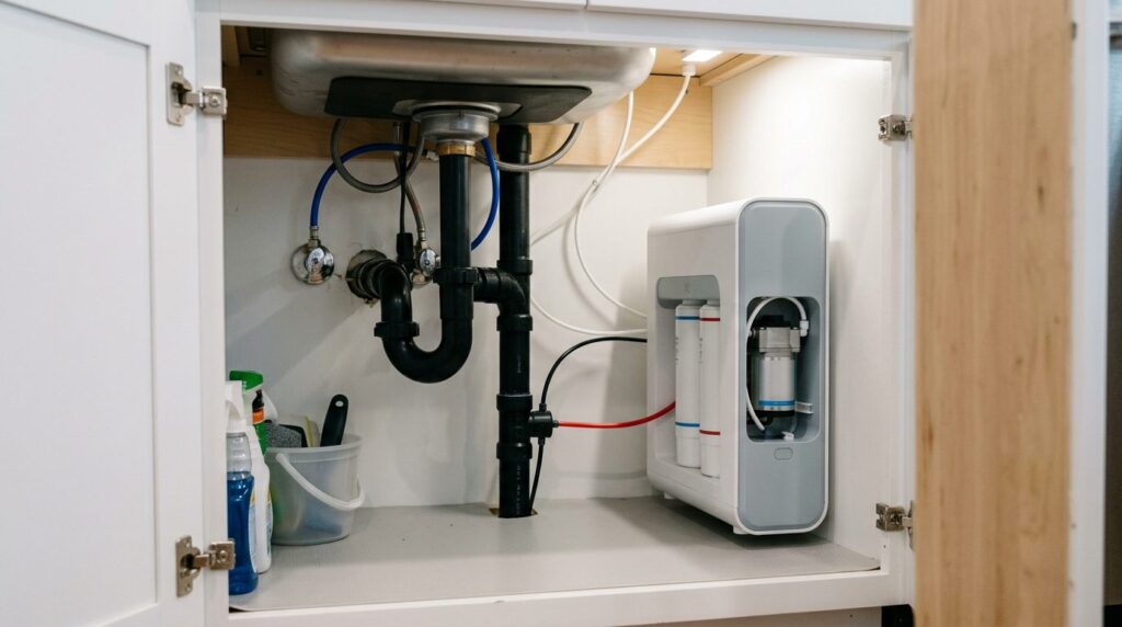 Tankless reverse osmosis system installed under a kitchen sink