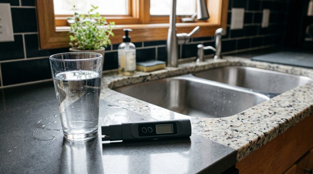 Glass of filtered water and a TDS meter on a kitchen counter