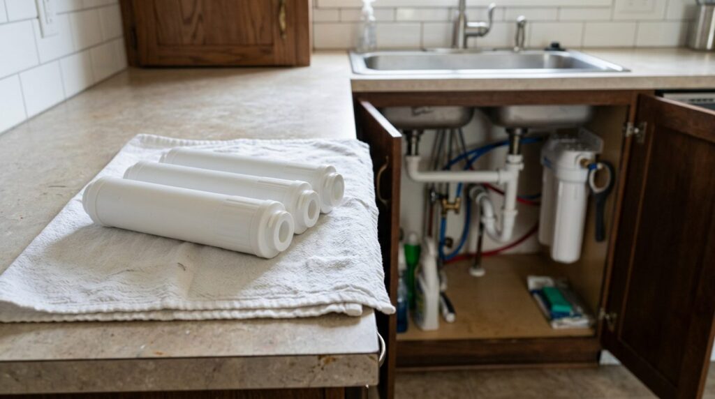 Replacement water filter cartridges next to an open sink cabinet