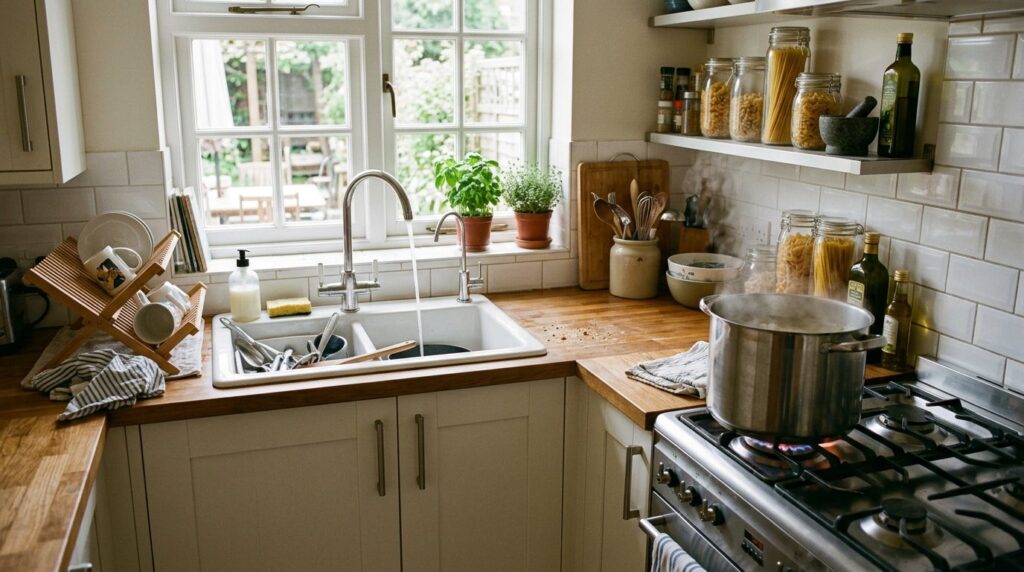 Filling a pot from a dedicated filtered water faucet in a family kitchen