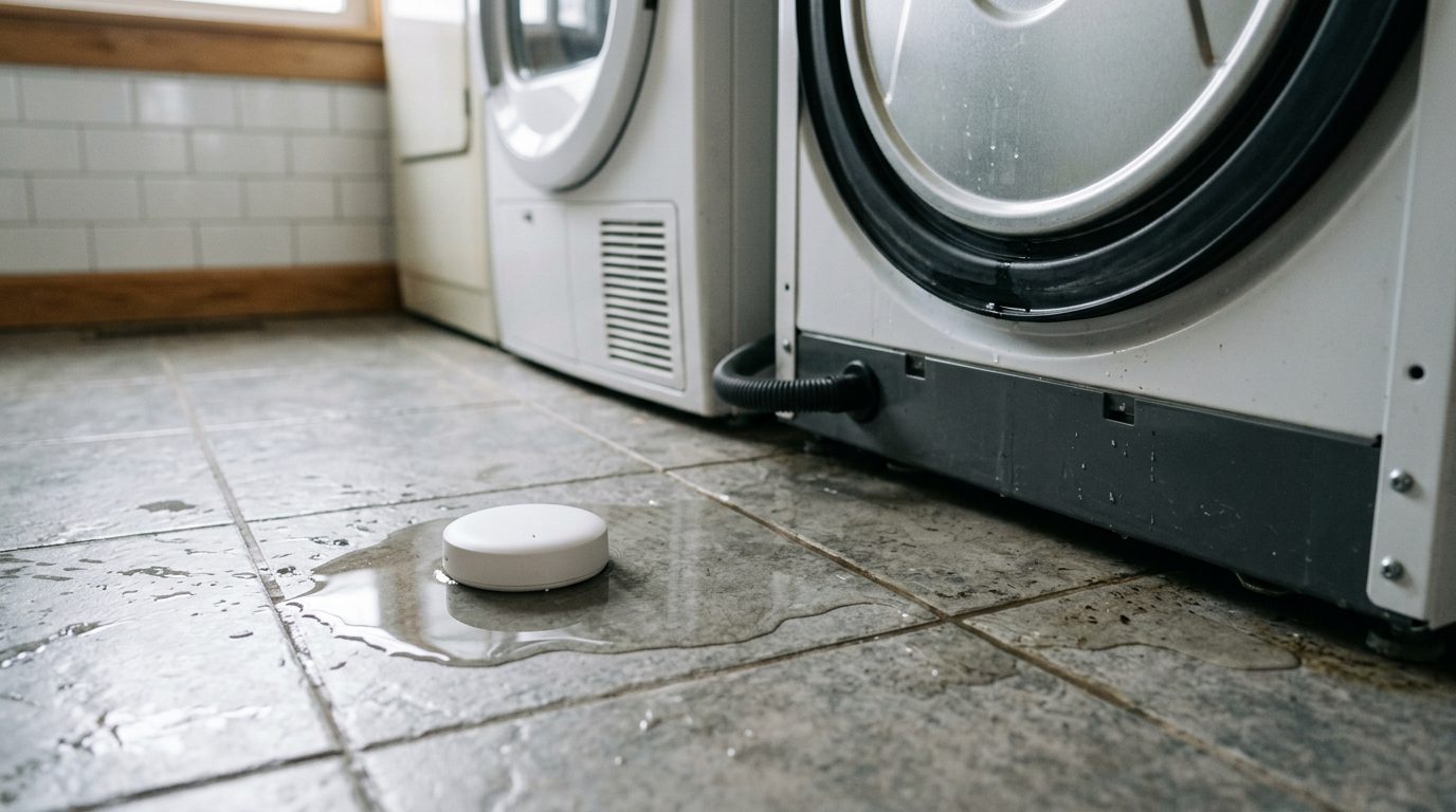 Water leak sensor on a laundry room floor next to a washing machine