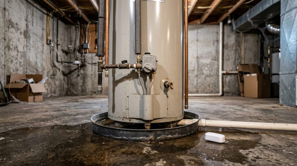 Water leak sensor beside a basement water heater