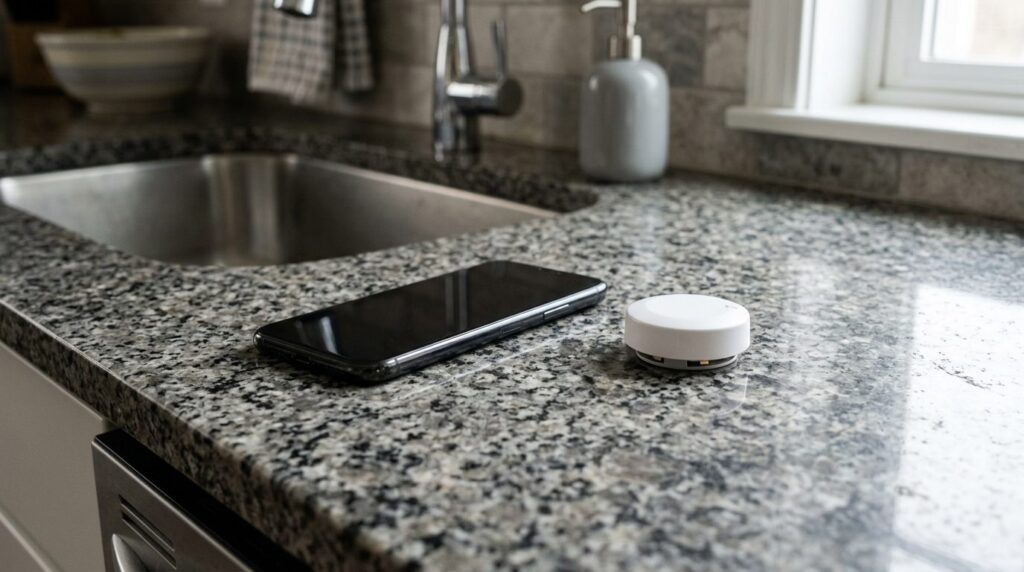 Smartphone and water leak sensor on a kitchen counter