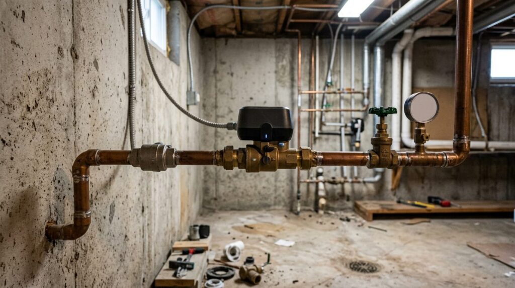 Smart automatic water shutoff valve on a main water line