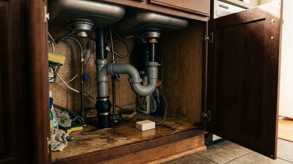 Water leak sensor placed under a kitchen sink drain