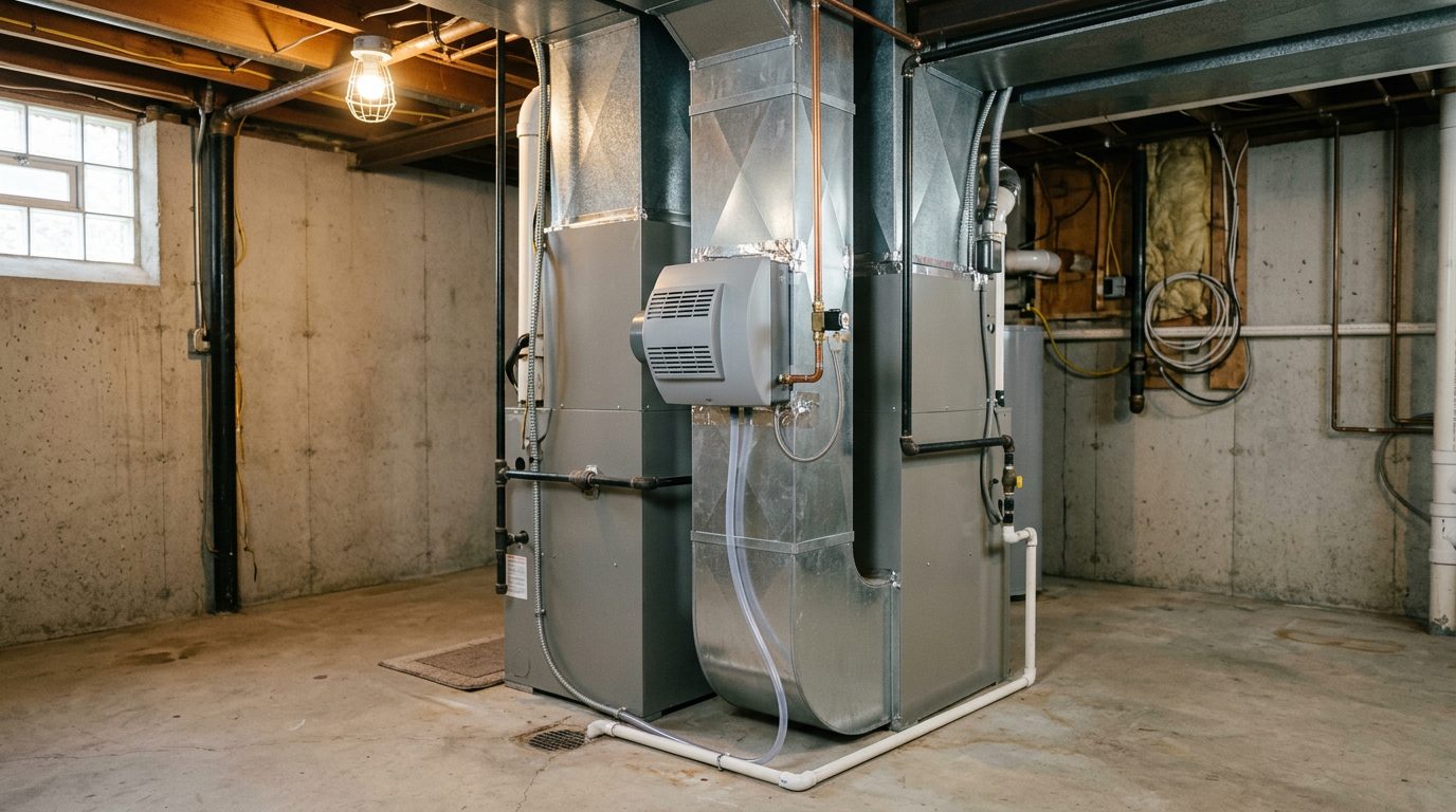 Furnace-mounted whole house humidifier on basement ductwork