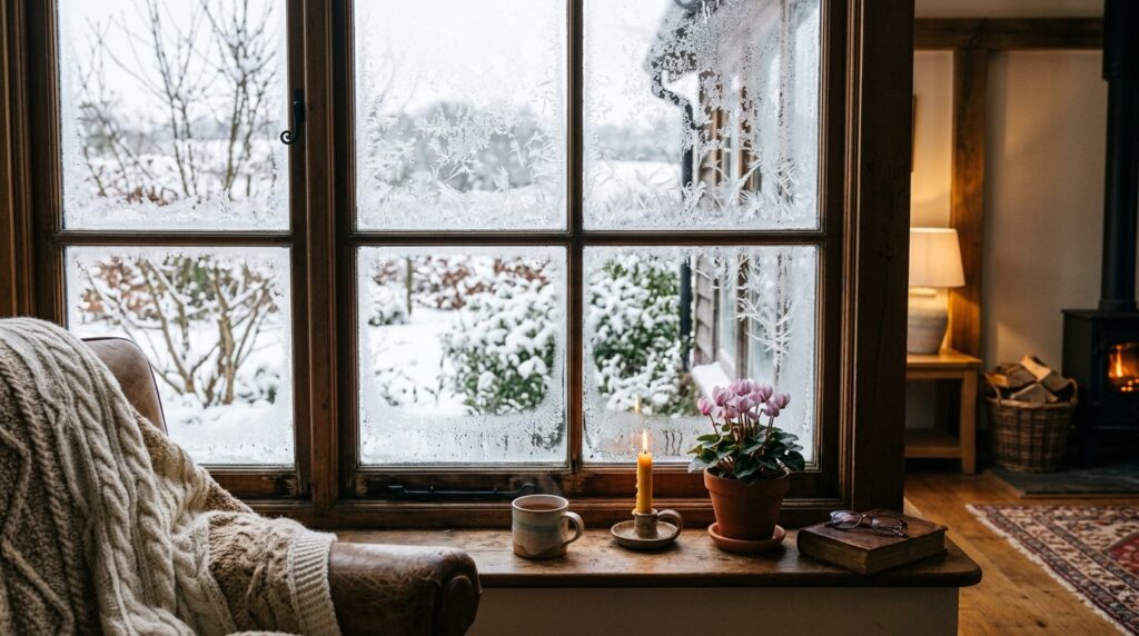 Winter window with light condensation in a warm living room