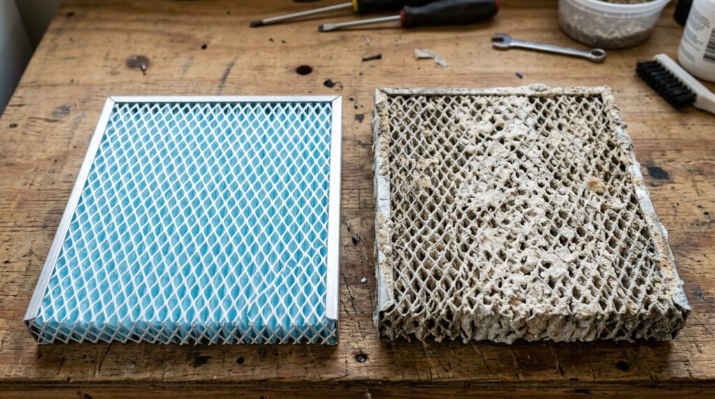New evaporator water panel next to a mineral-crusted used panel
