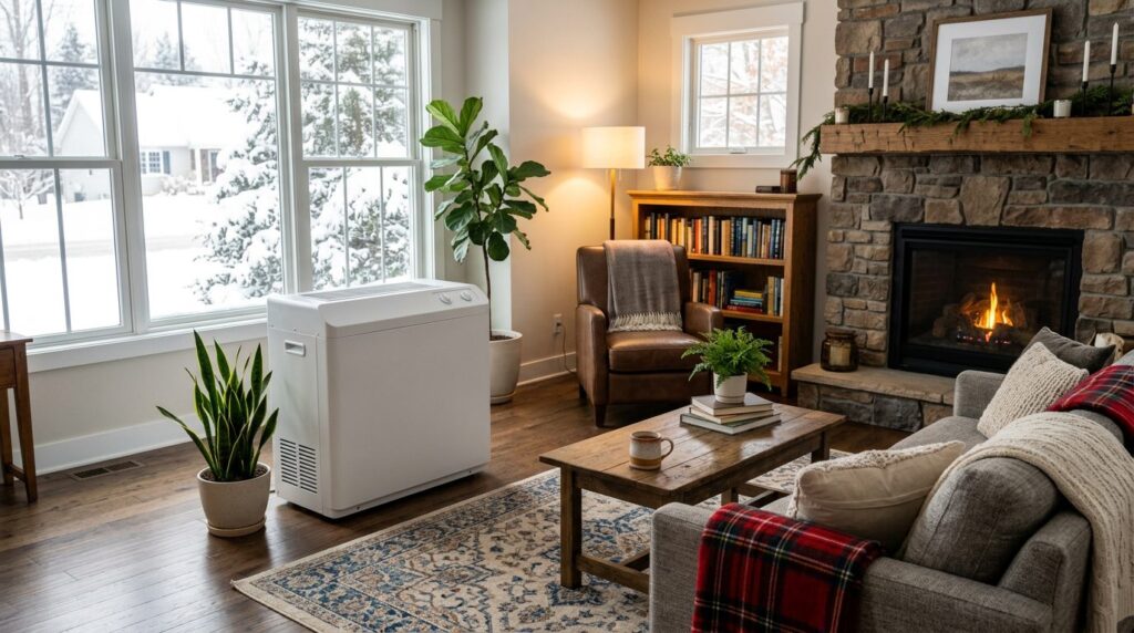 Large console evaporative humidifier in a living room in winter