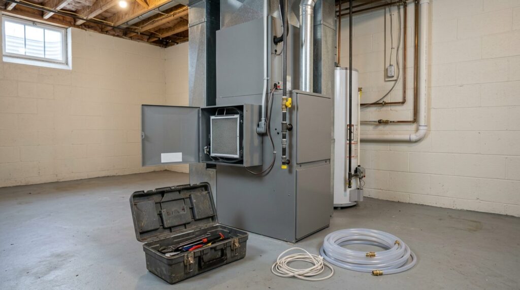 Furnace with an open humidifier access panel and installation tools