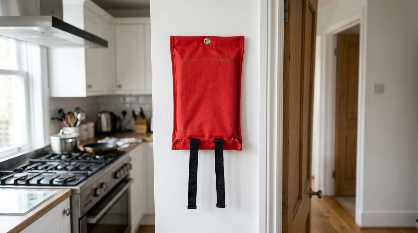Red fire blanket pouch with pull tabs hanging on a kitchen wall near the doorway
