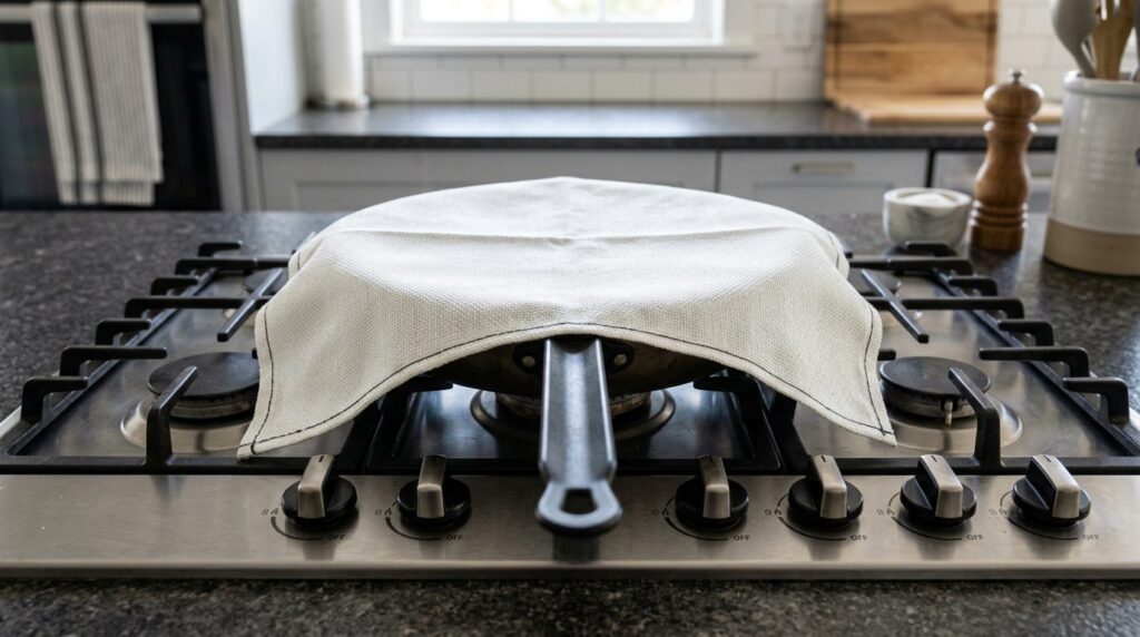 White fiberglass fire blanket laid over a frying pan on a gas stovetop