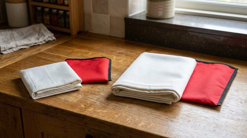 Small and large folded fire blankets beside their red pouches on a kitchen counter