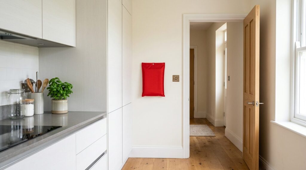 Red fire blanket pouch mounted on a kitchen wall near the exit