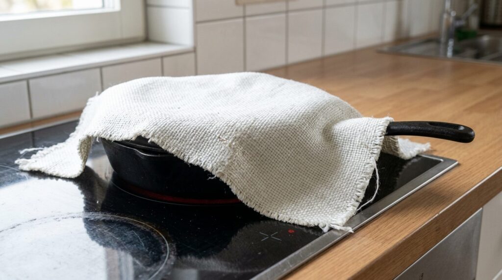 Fire blanket edges draped down the sides of a covered frying pan