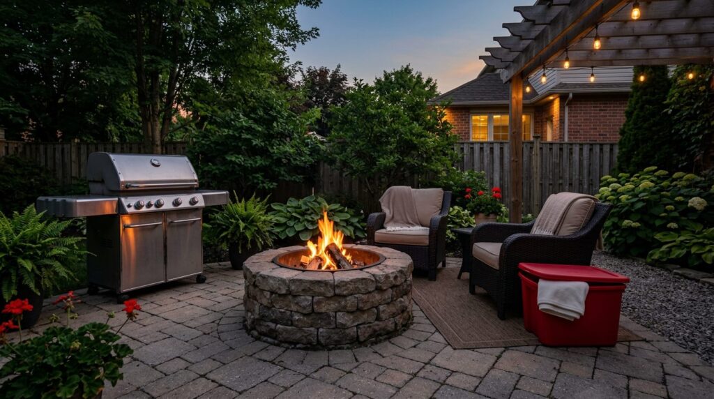 Backyard patio with a grill, fire pit and a storage bin holding a fire blanket