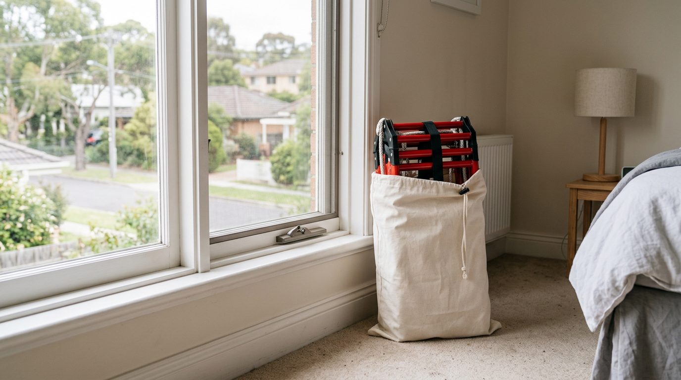 Folded fire escape ladder in a storage bag beside an upstairs bedroom window