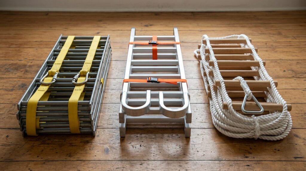 Three types of folded emergency escape ladders on a wooden floor