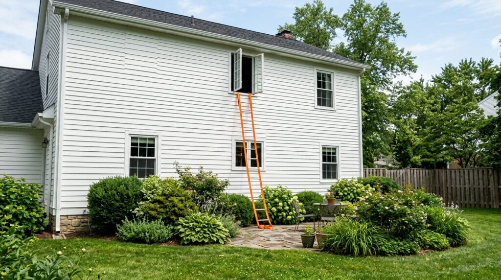 Escape ladder hanging from an open upstairs window to the backyard lawn