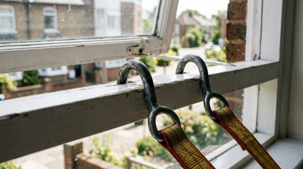 Escape ladder hooks gripping the inside of a bedroom windowsill