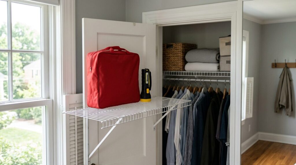 Escape ladder stored in a red bag on a closet shelf with a flashlight