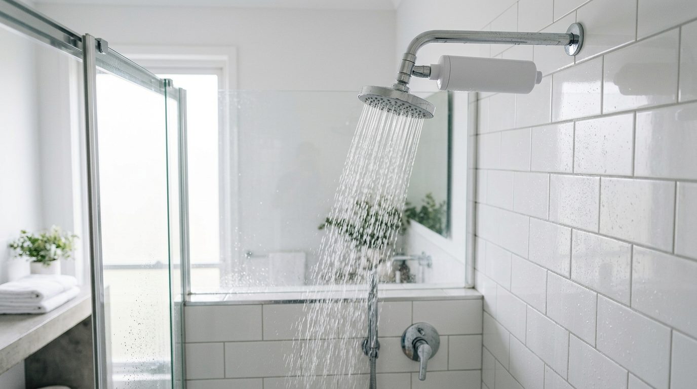 Modern shower with an inline shower filter attached to the shower arm
