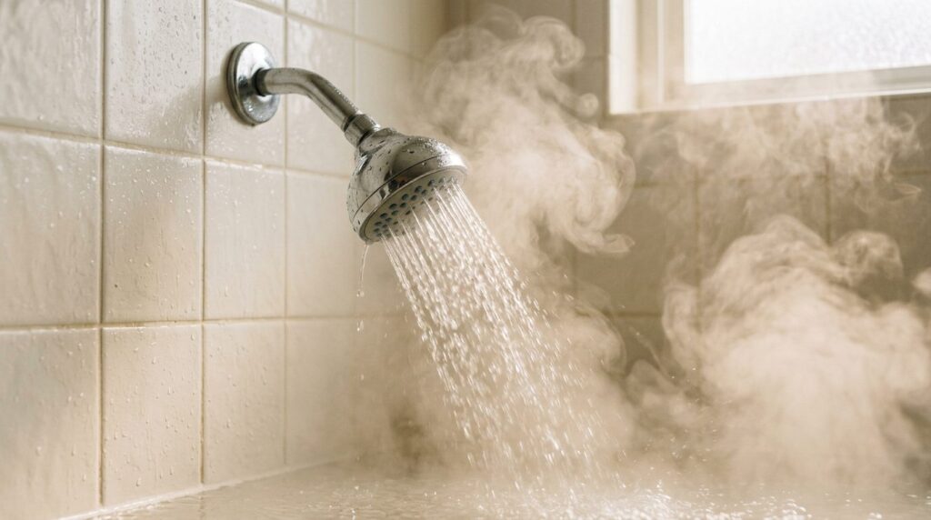 Steam rising from a hot shower in a tiled bathroom