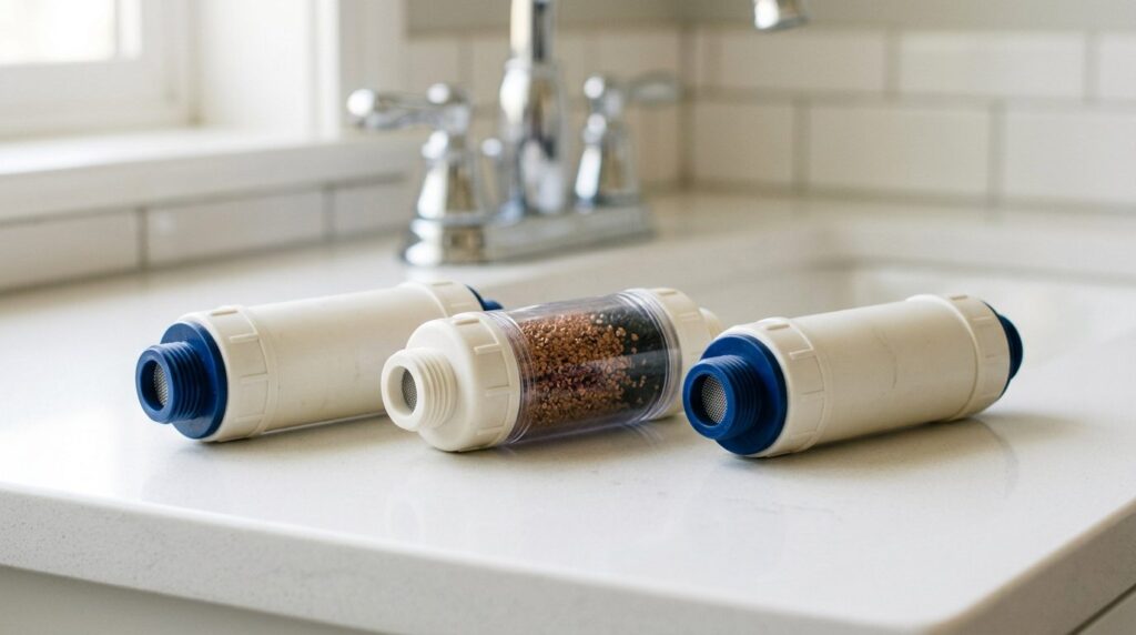 Shower filter cartridges with copper-zinc media on a bathroom counter