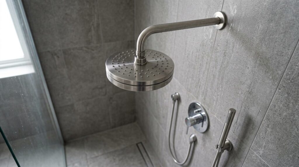 Round filtered rain showerhead in a grey tiled shower