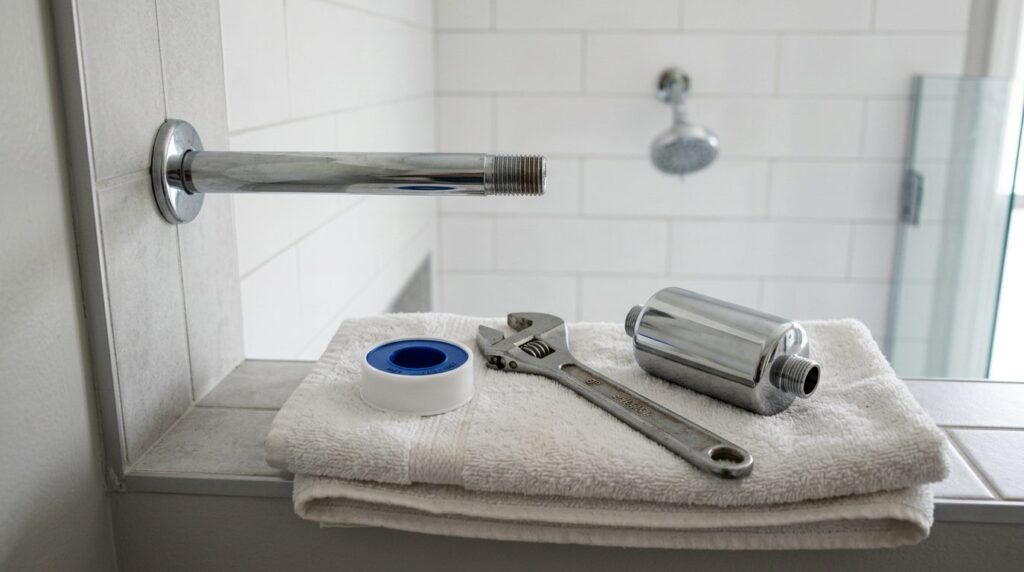 Thread seal tape, wrench and inline shower filter ready to install