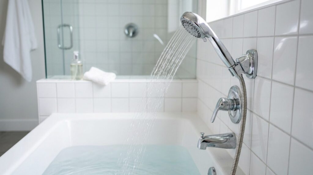 Handheld showerhead above a bathtub filling with water